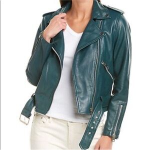 NWOT Walter Baker Bottle Green Leather Biker Jacket